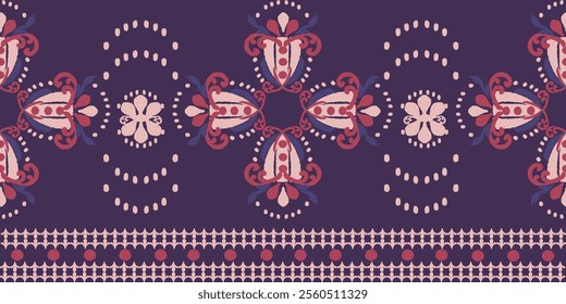 Red, blue, cream, and purple ikat tribal-style fabric pattern. Ethnic Ikat vector illustration seamless pattern. Ikat pattern edge decoration for carpet, clothing, batik, saree, sarong, and motif.