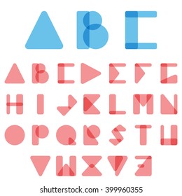 Red and blue creative font, ABC, alphabet in geometric style, logo on white background. Vector 