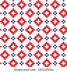 Red and blue cross-stitch knitting pattern on white background. Red and blue square dots on white backdrop. National flag color theme fabric pattern design for sale. Knitting handicraft art.