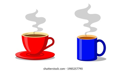 Red and blue cup of coffee or tea. Coffee cup with smoke float up. Vector Illustration. Flat style. Decorative design for cafeteria, posters, banners, cards.