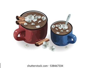 Red and Blue Cup of hot Chocolate drink with Marshmallows and cinnamon isolated on white background. Winter time.