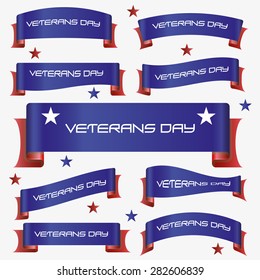 red and blue curved veterans day ribbon banners eps10