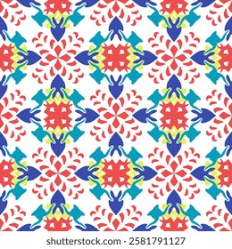 Red and blue damask ethnic boho seamless pattern. Traditional ornament. Tribal pattern. Folk motif. Design for wallpaper, textiles, wrapping, Spanish pottery, Turkish tiles, and background.