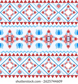  Red and blue damask seamless pattern with decorative geometric ornament. Vector illustration for your design. Traditional ornament pattern in wallpaper, fabric, and textiles. Aztec style.