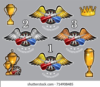 Red and blue darts crossed on round target between wings with cups and crown. Vector set of logo for any team and championship