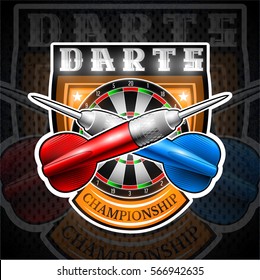 Red and blue darts crossed with round target in center of shield. Sport logo for any darts game or championship