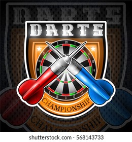 Red and blue darts crossed with round dartboard in center of shield. Sport logo for any darts game or championship