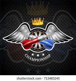 Red and blue darts crossed with round target in center between wings. Sport logo for any darts game or championship