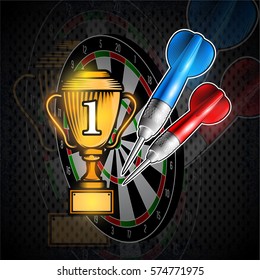 Red and blue darts with cup of first place on dartboard. Sport logo for any darts game or championship