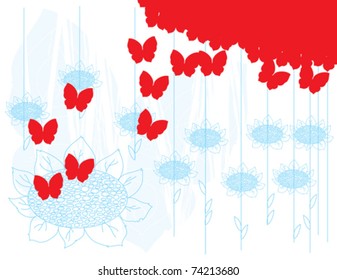 A red and blue design featuring flowers and butterflies.