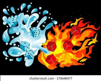 Red and blue dices in water splash and fire