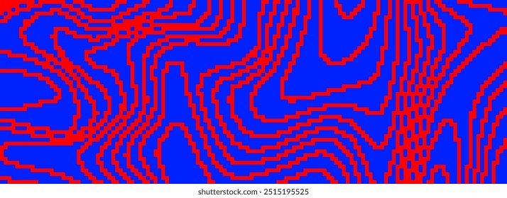 Textura ondulada curvada vermelha e azul pontilhada. Plano de fundo de linhas de falha pixelizadas. Listras digitalizadas distorcidas para banner, poster, flyer, livreto. Papel de parede de sobreposição rasterizado abstrato. Vetor