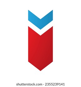 Red and Blue Down Facing Arrow Shaped Letter I Icon on a White Background