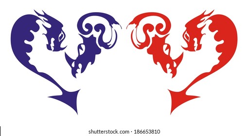 Red and blue dragons hearts 