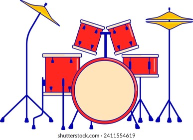 Rote und blaue Drum-Set mit Zymballen, moderne Musikausrüstung. Musikinstrumente Thema, Drum-Kit-Design, Vektorgrafik.