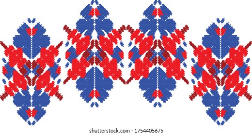 Red and blue embroidery ornament. Fashion texture for fabric textile.