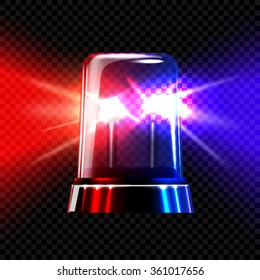 Red and blue emergency transparent flashing siren on dark plaid background. Vector