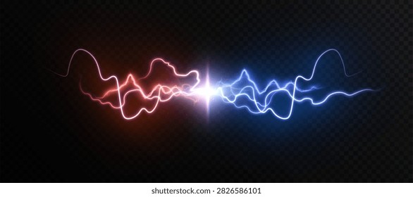 Red and blue energy forces collide in a bright central flash, symbolizing confrontation, rivalry, conflict and opposing powers. Vector light effect for dramatic and technology design.
