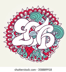 Red and blue ethnic floral design, doodle background holiday composition with year. Easy to use for calendar, postcard.