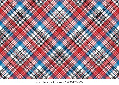 Red blue fabric texture check plaid seamless pattern. Flat design. Vector illustration.