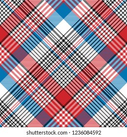 Red blue fabric texture check plaid seamless pattern. Flat design. Vector illustration.