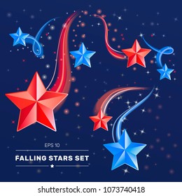 Red and blue falling stars on black background. Design elements for Independence, Patriot, Memorial, Veterans, Presidents day. EPS 10 vector set.