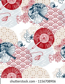 red blue fans flower japanese chinese vector design pattern