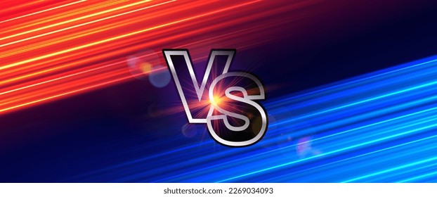 Red and blue fast lines versus background with glowing VS sign. Fight night. Versus battle. Sports, racing, gaming, comparison and competition. Vector template.