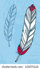 Red and blue feather hand-drawn sketch illustration