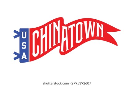 A red and blue felt pennant flag featuring the word CHINATOWN in bold white typography and USA on the blue side tab, isolated on a white background.