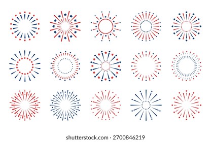 Red and blue festive fireworks, a set of icons, icons isolated on a white background, vector. Decorative element for design, decoration, poster, greeting, holiday