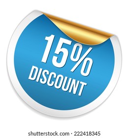 Red blue fifteen percent discount sticker on white background