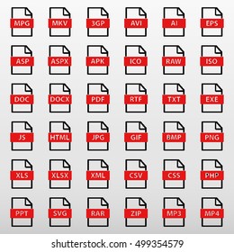 Red Blue File Types Icons Set Vector Illustration
