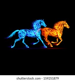 Red and blue fire horses on black background. 