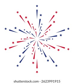 Red and blue firework exploding with small stars, creating a festive atmosphere for celebrations like 4th of July or patriotic events, on a clean white background