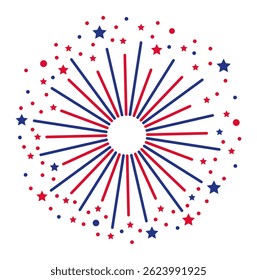 Red and blue firework exploding with small stars and dots on white background, perfect for celebrating United States holidays like Independence Day or Memorial Day