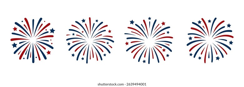 Red and blue fireworks set with stars. United States independence day or celebration concept. Design element for holiday. Vector graphics.