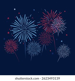 Red and blue fireworks under a night sky for 4th of July celebration, perfect illustration for American Independence Day themed designs and marketing