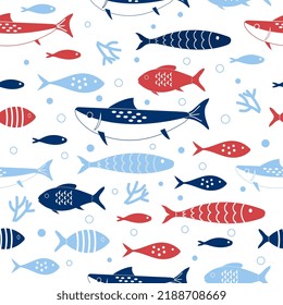 Red and blue fish underwater scene, seamless pattern with coral and water bubbles. Beautiful surface background for prints, fabric, murals, upholstery and gift wrapping paper. vector illustration 