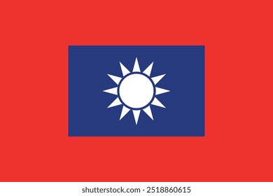 A red and blue flag with a white sun in the center. The flag is from Taiwan. The sun is surrounded by eight smaller suns, which are evenly spaced around the larger sun