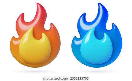 3D-Symbole mit roter und blauer Flamme. Gas-Kraftstoff und Feuer brennende Emoji. Dreidimensionale Vektorelemente einzeln auf weißem Hintergrund.