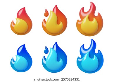 Red and blue flame 3d icons collection. Gas and fire burning fuel emoji. Three dimensional vector elements isolated on white background.