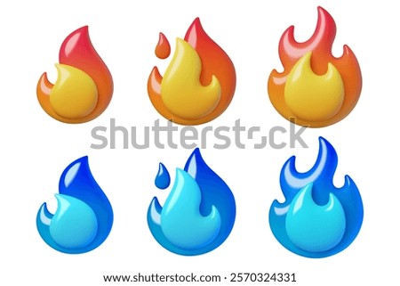Red and blue flame 3d icons collection. Gas and fire burning fuel emoji. Three dimensional vector elements isolated on white background.