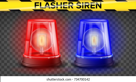 Red And Blue Flasher Siren Vector. 3D Realistic Object. Light Effect. Rotation Beacon. Police Cars Ambulance. Emergency Flashing Siren. Isolated On Transparent Background Illustration