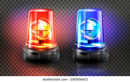 Red  and blue flashers Siren Vector. Realistic Object. Light Effect. Beacon For Police Cars Ambulance, Fire Trucks. Emergency Flashing Siren. Transparent Background vector Illustration