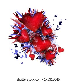 Red blue floral abstraction with butterflies and hearts. Happy Valentine's Day. Vector