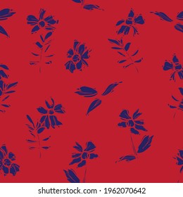 Red and blue Floral botanical seamless pattern background suitable for fashion prints, graphics, backgrounds and crafts