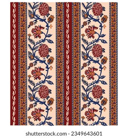 A red and blue floral design on a beige background