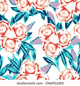 Red and Blue Flower Drawing Vector Seamless Pattern. Rose Decorative Wallpaper. Pink Pretty Watercolor Paper Texture. Peony Garden Background.