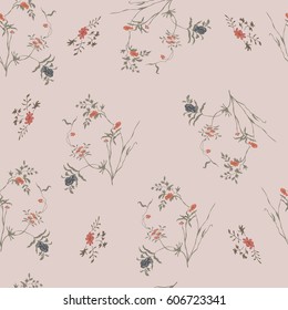 Red, blue flowers on a background of flesh color. Seamless pattern repeat. 